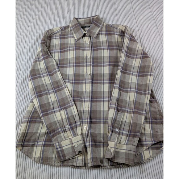 Flaw Lauren Ralph Lauren Flannel Top Women's L Brown Plaid Fitted Button Up - Picture 6 of 9